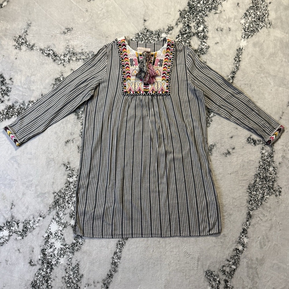 Philosophy Dress Womens Size XL Multicolor Striped Embroidered Boho Tassel Tunic